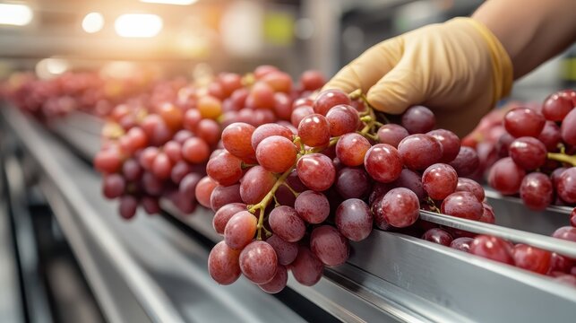 A hand meticulously selecting and sorting ripe, juicy grapes on a production line, highlighting the importance of quality control in agricultural practices for optimal produce.