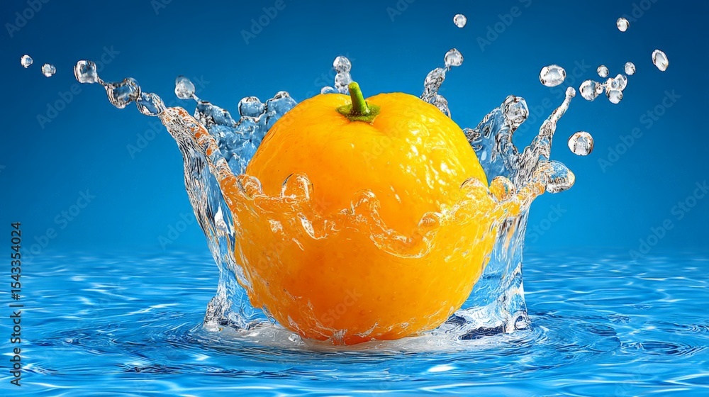 Poster fresh yellow apple splashes into water creating dynamic droplets and ripples