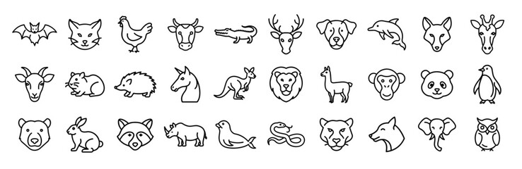 Animals wildlife nature zoo safari farm pets vector line icons set