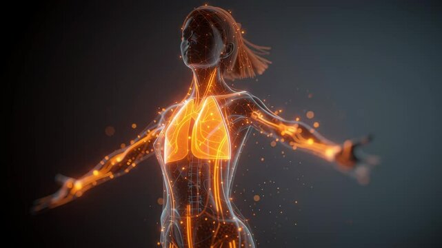 Orange glowing lungs inflate and deflate inside a transparent female body, showcasing the respiratory process and circulatory system with sparkling particles