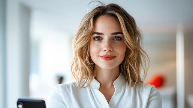 A young woman with wavy blonde hair and a confident smile stands in a bright modern setting, showcasing a blend of professionalism and approachability.