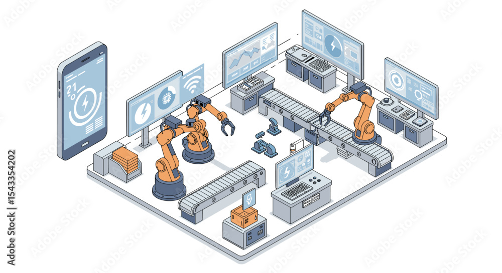 Poster smart factory automation with robotic arms and digital interfaces for industrial innovation isometri