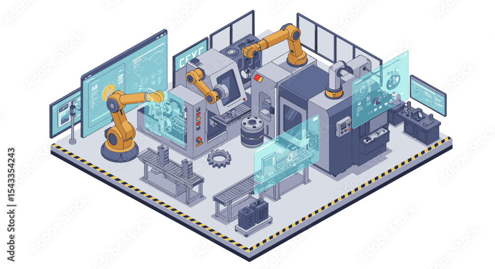 Poster futuristic automated factory with robotic arms and digital interfaces for manufacturing innovation i
