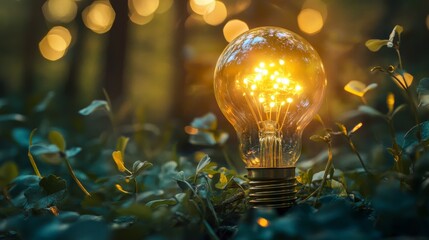 Light bulb glowing among forest plants