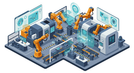 Advanced robotics and automation in modern factory design for innovative production systems isometric style vector illustration