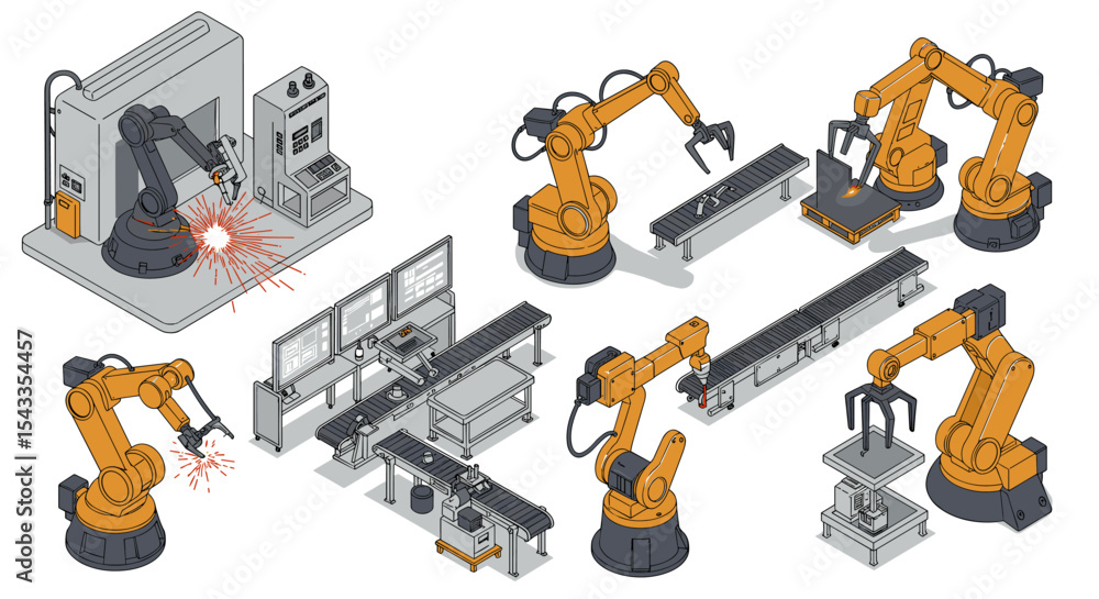 Poster industrial robots and automated assembly line for manufacturing and production efficiency isometric 