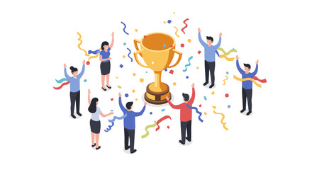 Team celebration with trophy and confetti for achievement recognition isometric style vector illustration