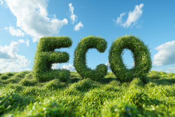 ECO made from grass on green field for visuals on ecology, planet care, and sustainability