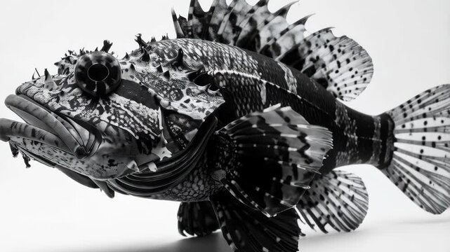 Detailed monochrome rendering of a spiky tropical fish on a white background, scales, fins, and textured skin pattern
