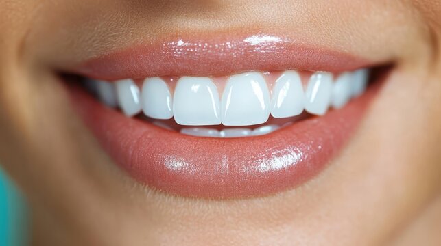 A close-up of a woman's smile showcases her bright white teeth. This image conveys positive emotions, happiness, and the importance of dental care and personal grooming.