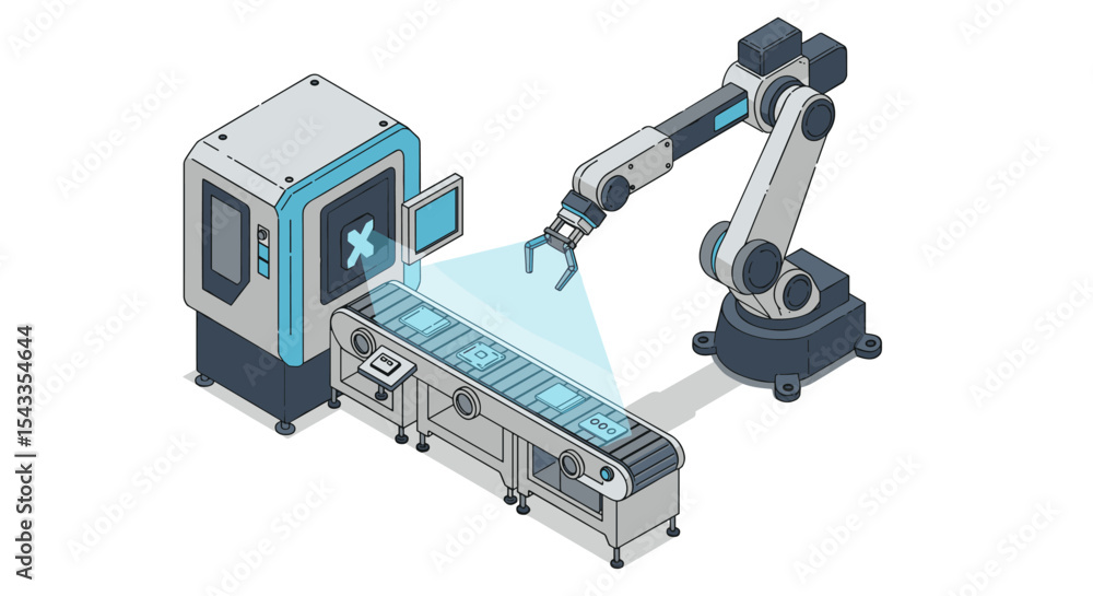 Poster automated robotics technology in modern industrial manufacturing design isometric style vector illus