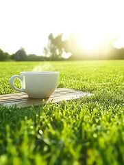 A steaming white coffee cup sits outside in the green grass