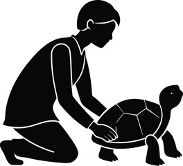 Silhouette of a Child Gently Caring for a Tortoise