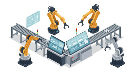 Obraz premium Modern automation and robotics in industrial manufacturing isometric style vector illustration