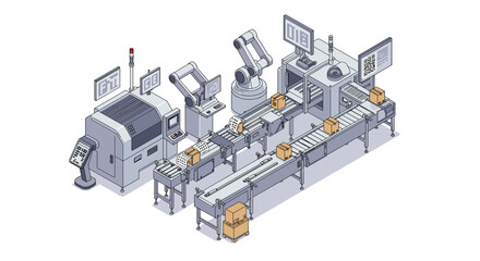 Automated factory assembly line with robotic arms and conveyor belts for industrial manufacturing isometric style vector illustration
