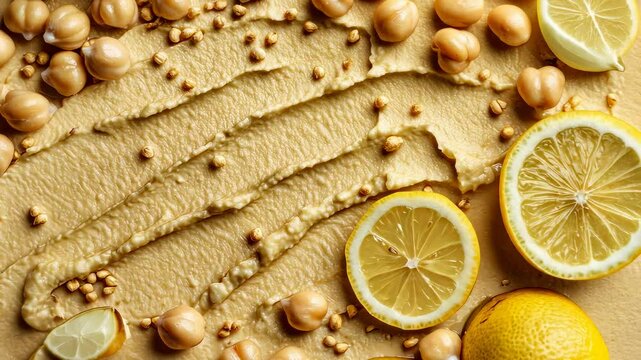 Plate of hummus with lemon slices and chickpeas. A delicious vegan appetizer from Middle Eastern cuisine.