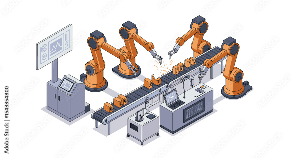 Poster automated robotic assembly line in modern manufacturing process isometric style vector illustration