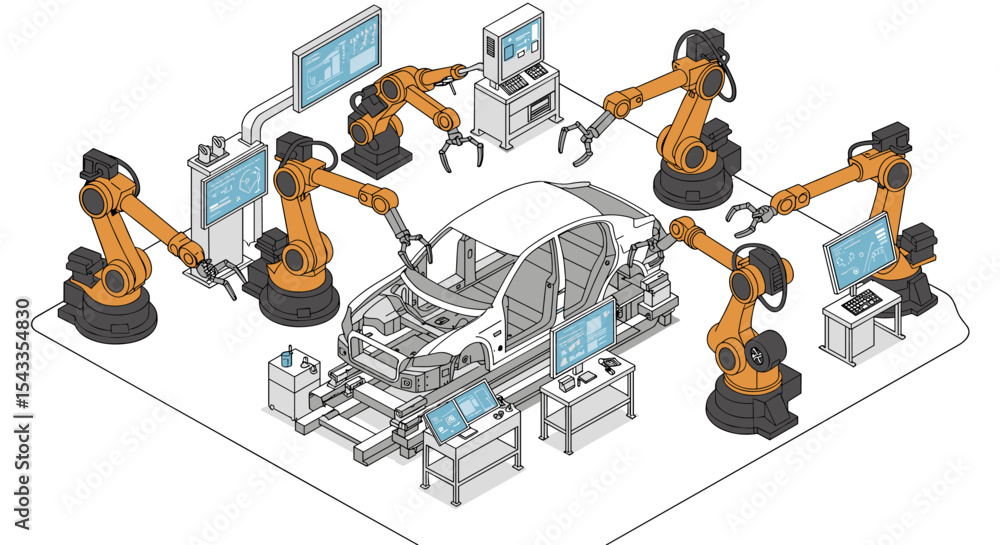 Poster automated car assembly line with robotics and technology for modern manufacturing isometric style ve