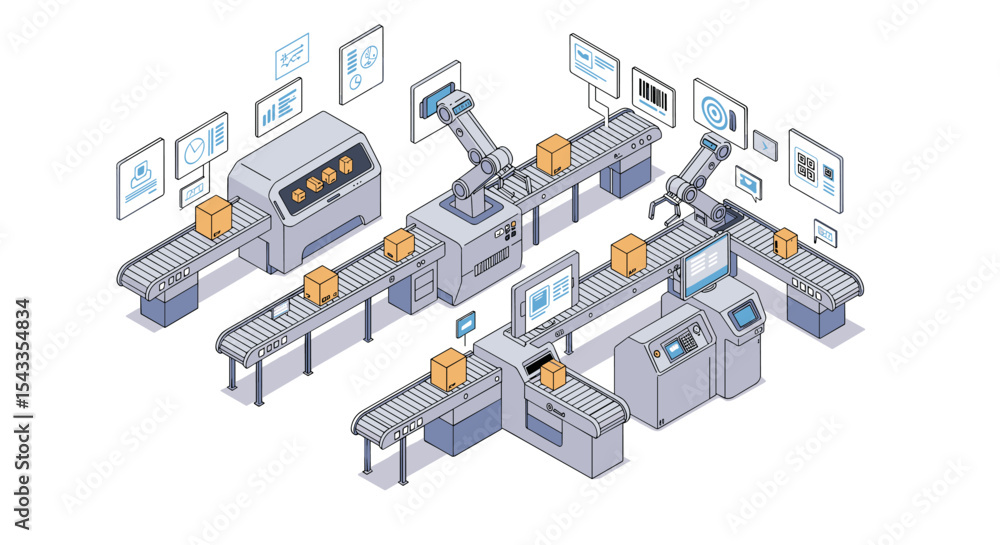Poster modern automated production line with robotic arms and conveyor belts isometric style vector illustr