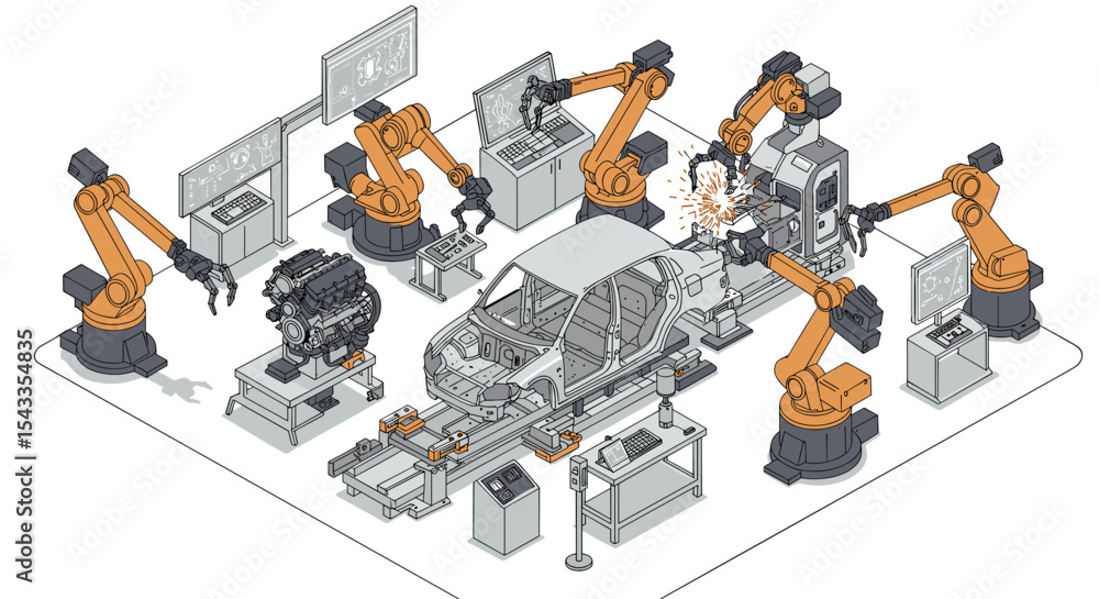 Poster automated car manufacturing with robotic arms and engine assembly in modern factory isometric style 
