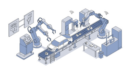Obraz premium Automated car manufacturing robot assembly line for industrial automation and innovation isometric style vector illustration