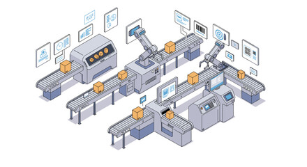 Obraz premium Modern automated production line with robotic arms and conveyor belts isometric style vector illustration
