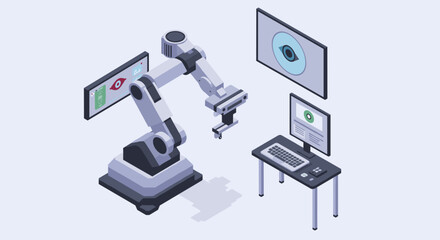 Technology concept with robotic arm and computer interface for automation design isometric style vector illustration