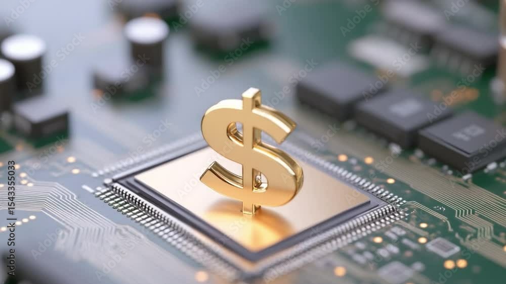 Poster digital dollar symbol: a glimmering golden dollar sign is set on a computer chip in the digital worl