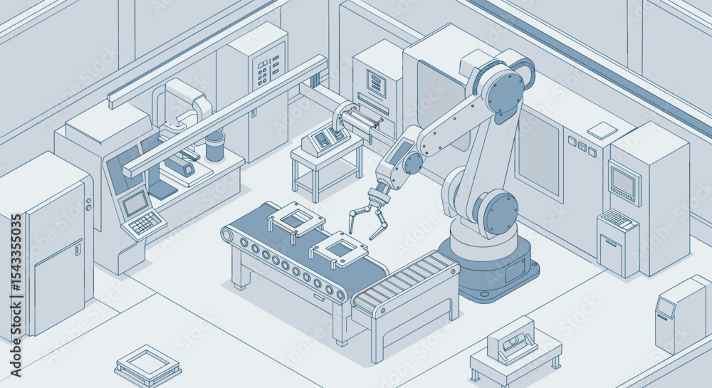 Poster futuristic automated factory assembly line with robotic arm technology isometric style vector illust