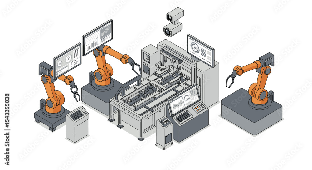 Poster advanced robotics in manufacturing automation technology isometric style vector illustration