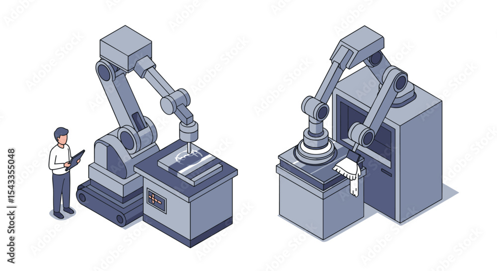 Aufkleber automated manufacturing process with robotic arms and technician monitoring for industrial efficienc