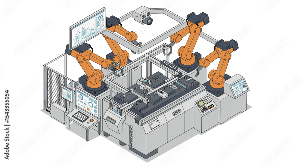 Poster futuristic factory automation with robotic arms in high-tech manufacturing environment isometric sty