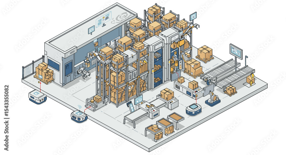 Poster isometric modern warehouse with automation and robotics for efficient logistics isometric style vect