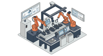 Obraz premium Automated industrial robotics assembly line in a modern factory setting isometric style vector illustration