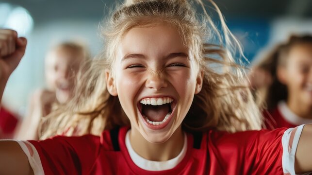 A young girl enthusiastically cheers for her team, exuding joy and excitement in a group setting, capturing the essence of team spirit and the thrill of sports.
