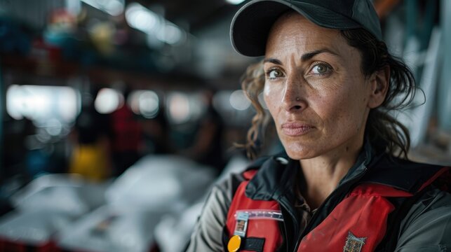 A focused woman wearing a life jacket stands amidst equipment, symbolizing strength and determination in her professional environment, exuding confidence and resilience.