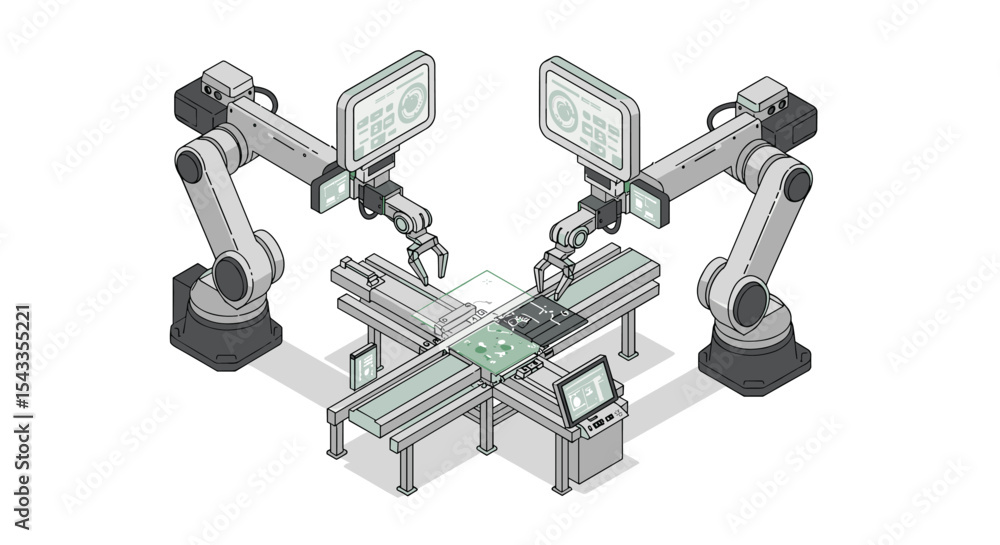 Poster automated robotic arm assembly line for advanced manufacturing and industrial automation isometric s