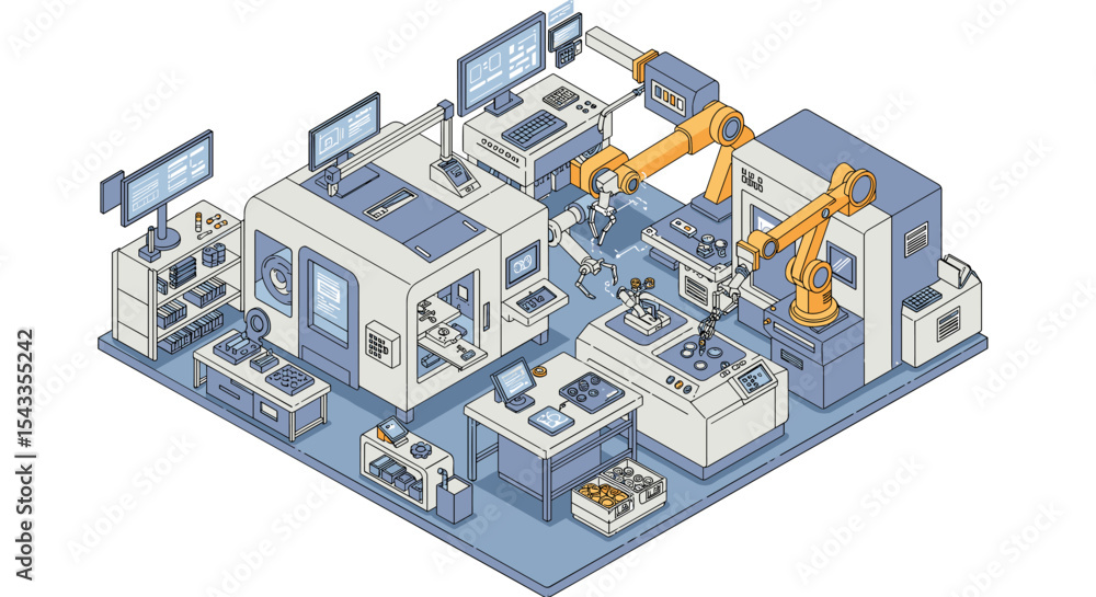 Poster automated manufacturing technology in modern factory setting isometric style vector illustration