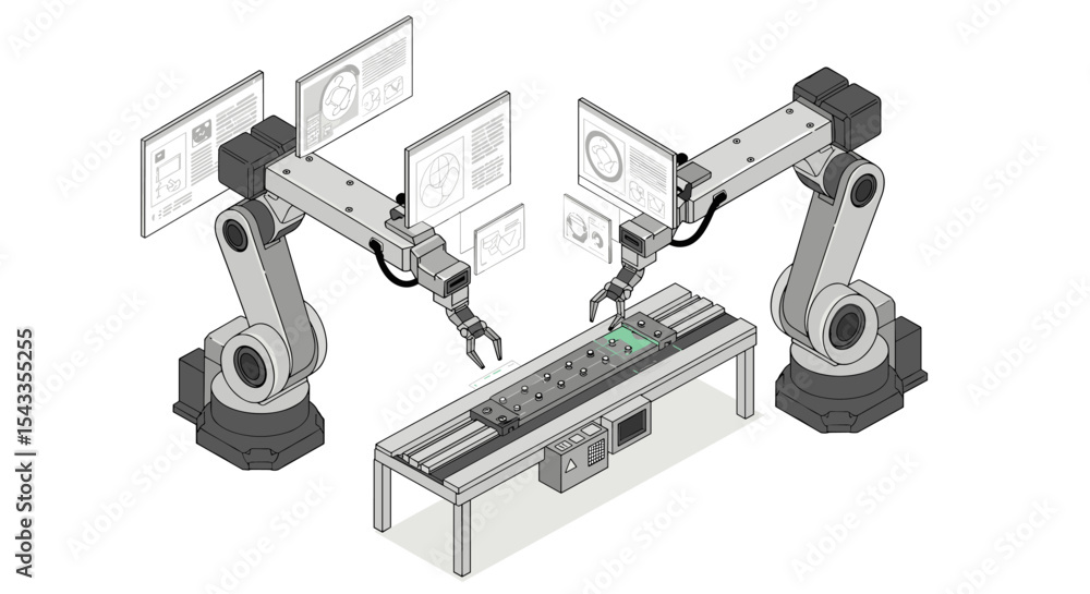 Poster industrial automation scene with robotic arms in futuristic smart factory setting isometric style ve