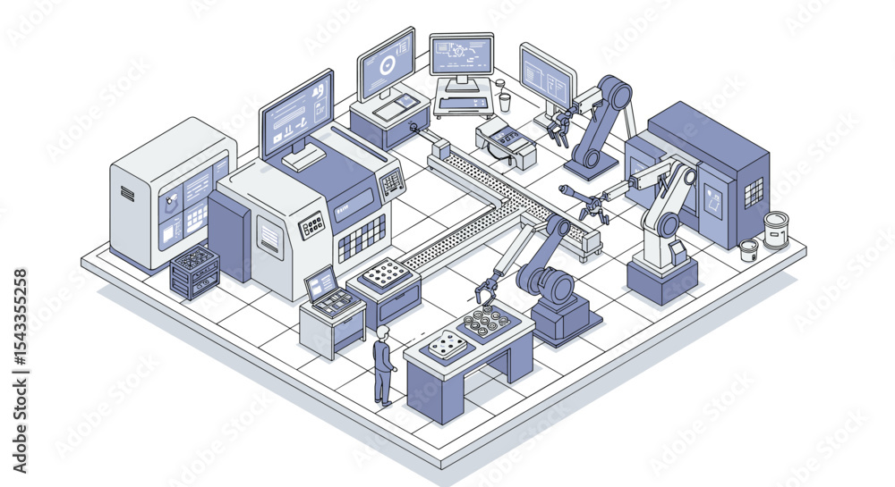 Poster automated industrial manufacturing facility with robotics and computerized systems isometric style v