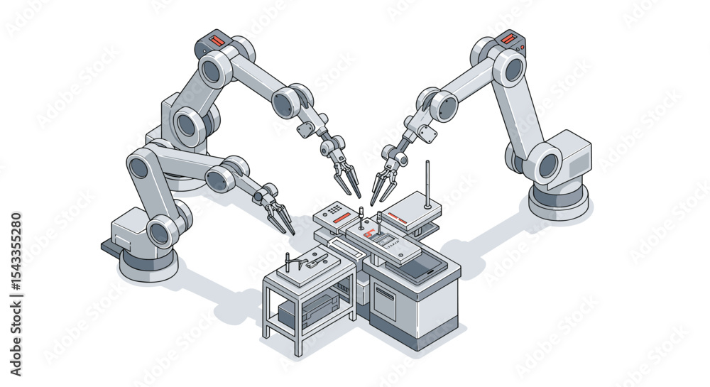 Poster automated robotic arm assembly line in modern industrial setting isometric style vector illustration