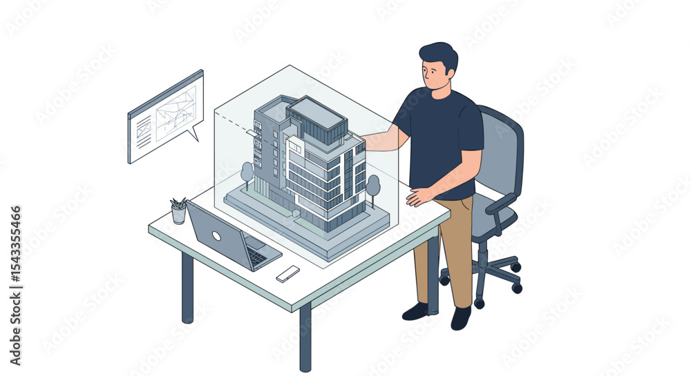 Poster architectural designer reviewing building model in modern office setting for project development iso