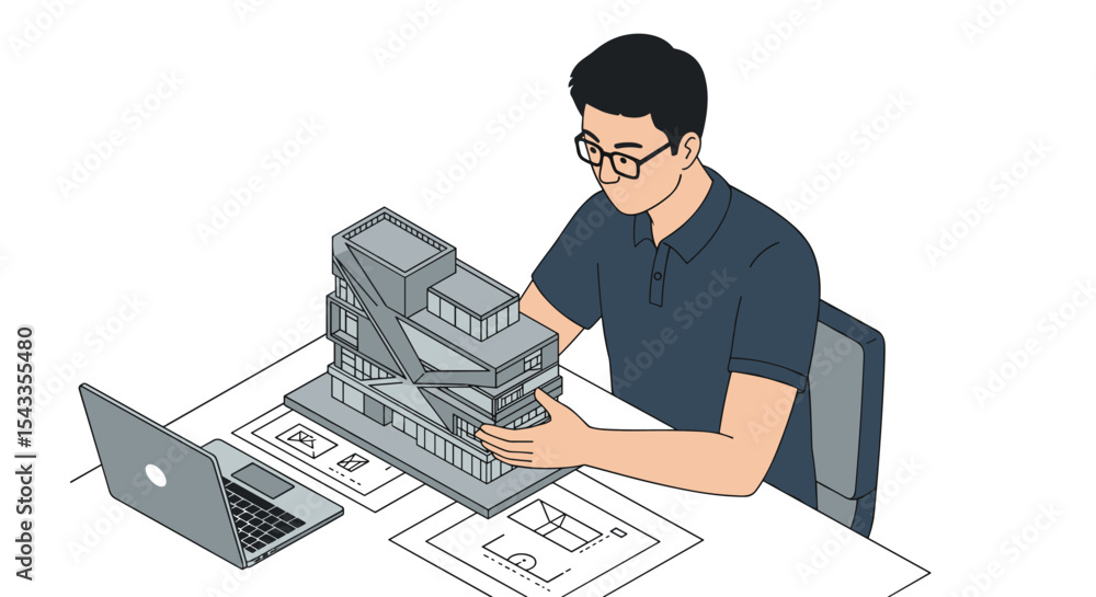 Poster architect analyzing modern building model for design innovation and planning isometric style vector 