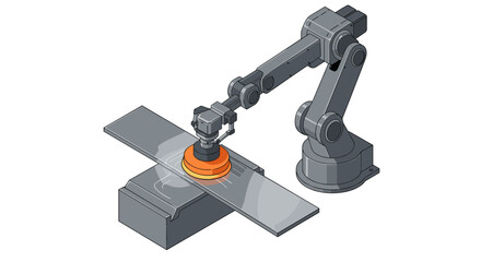 Industrial automation robot arm operating on metal surface for manufacturing precision isometric style vector illustration