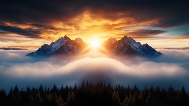 A breathtaking view of majestic mountains at sunrise, enveloped by soft clouds and bathed in golden light, capturing the enchanting beauty of nature's grandeur.