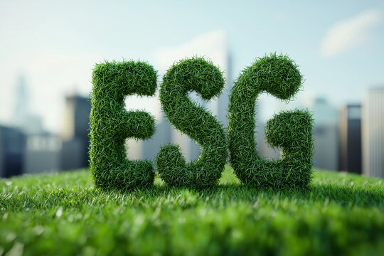 ESG formed from grass with modern cityscape, ideal for sustainable development and CSR themes