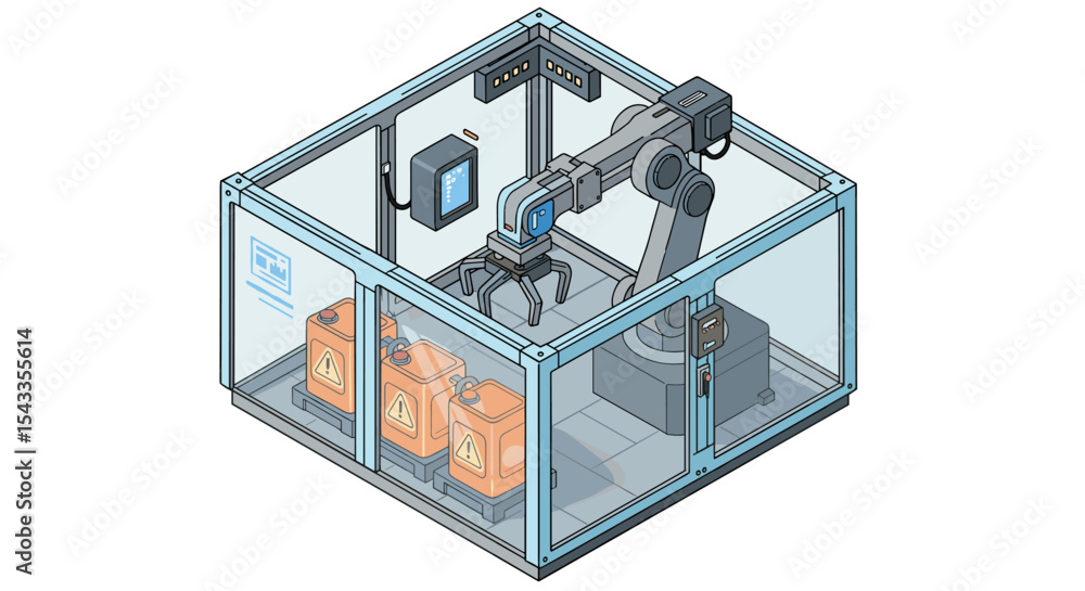 Aufkleber automated industrial robot station for chemical handling and safety monitoring isometric style vecto