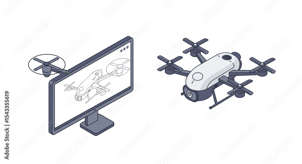 Poster conceptual illustration of drone design and development for technology innovation projects isometric