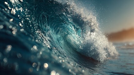 ultra cinematic closeup of ocean wave breaking with dramatic lighting and detail