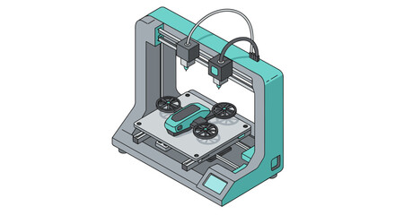 Futuristic 3d printer crafting drone prototype design isometric style vector illustration